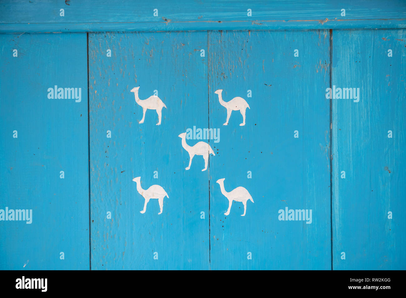 Les représentations de chameaux blancs peints en bleu vif sur la porte peinte, Oasis Tighmert, Maroc Banque D'Images