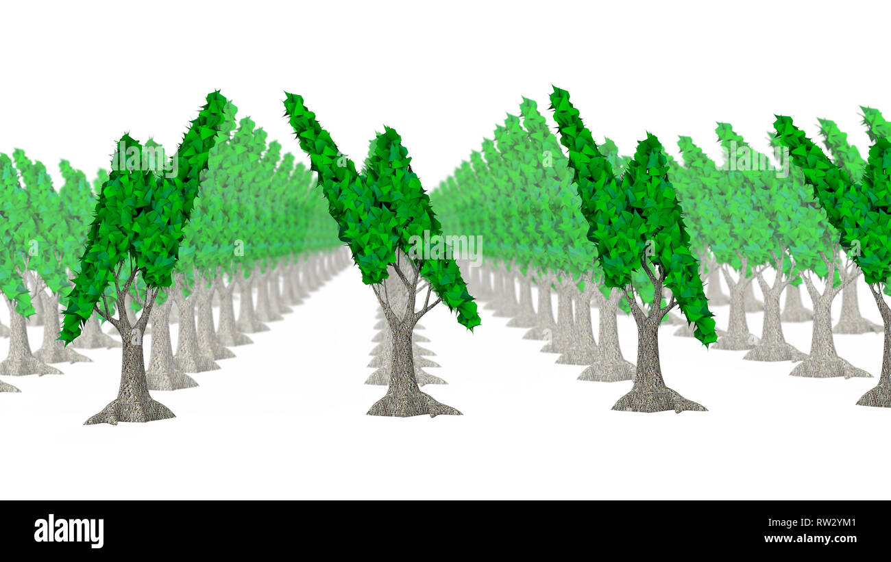 Concept pour le développement de l'offre ou de la production d'énergie verte, rangée d'arbres avec des feuilles vertes en forme d'éclair, isolé sur fond blanc, 3D Banque D'Images