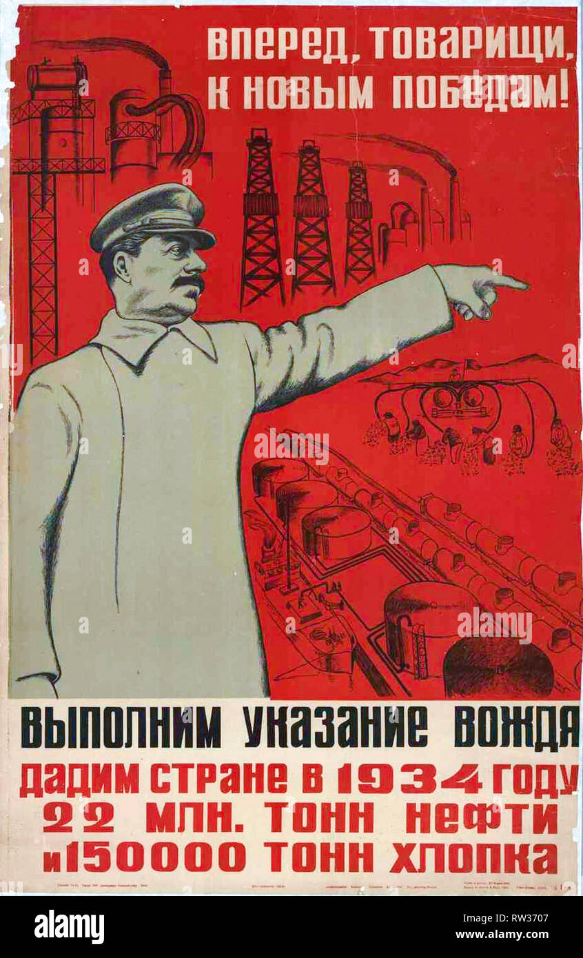 L'Azerbaïdjan 1934, économie planifiée, Joseph Staline, l'affiche de propagande soviétique, 1934 Banque D'Images