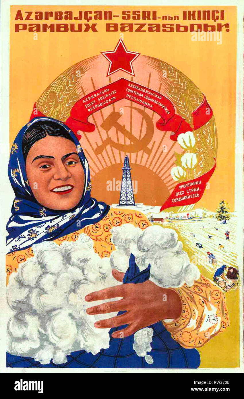 L'Azerbaïdjan, de l'Agriculture 1937, woman holding laine, affiche de propagande soviétique Banque D'Images