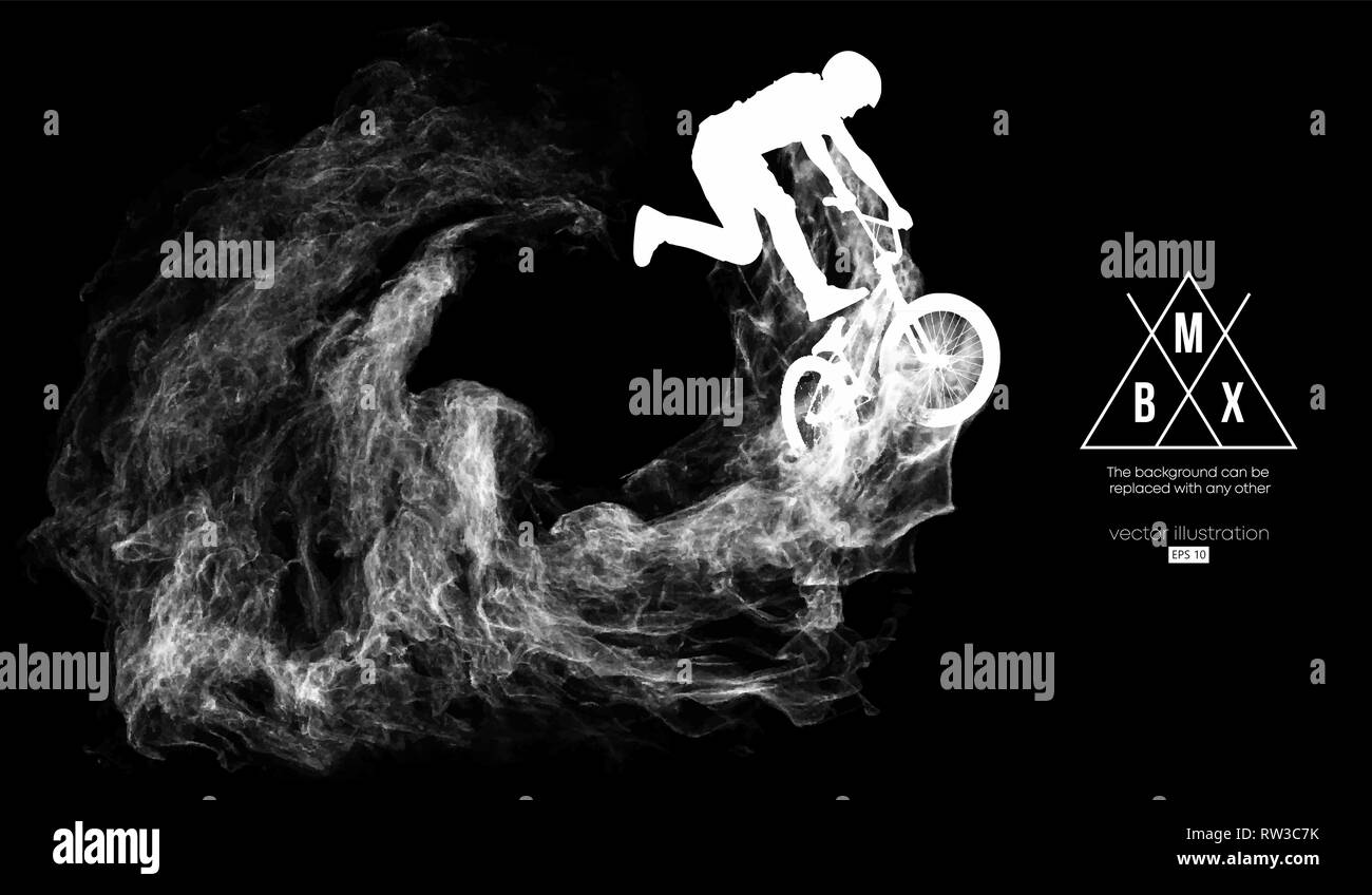 Abstract silhouette d'un rider bmx sur le fond sombre, noir de particules. Le BMX rider sauts et effectue le tour. Illustration de Vecteur