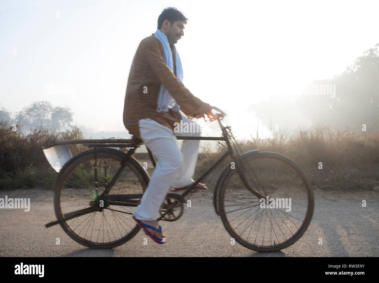 Agriculteur ou village man riding a bicycle transportant un chat sur le transport de la bicyclette. Banque D'Images