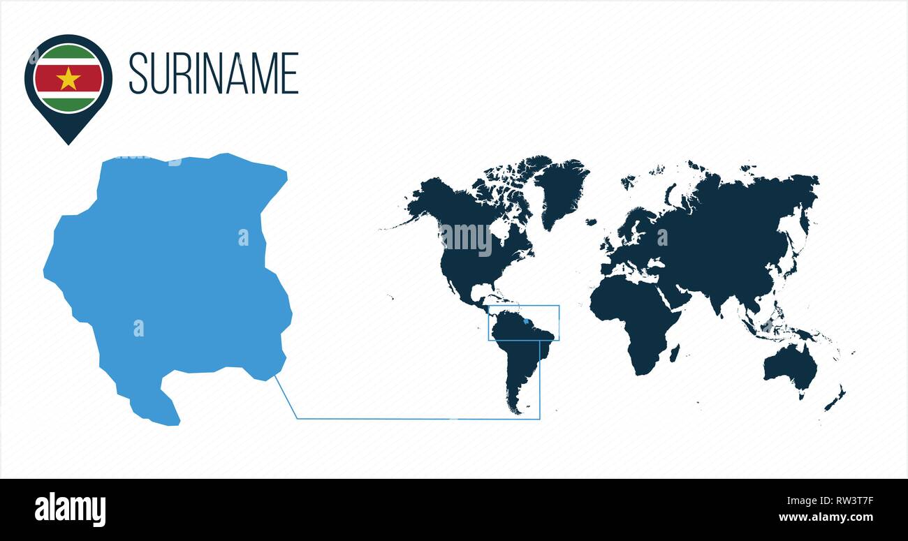 Suriname localisation situé sur une carte du monde avec un drapeau et pointeur de carte ou de code pin. Carte infographique. Vector illustration isolé sur blanc . Illustration de Vecteur