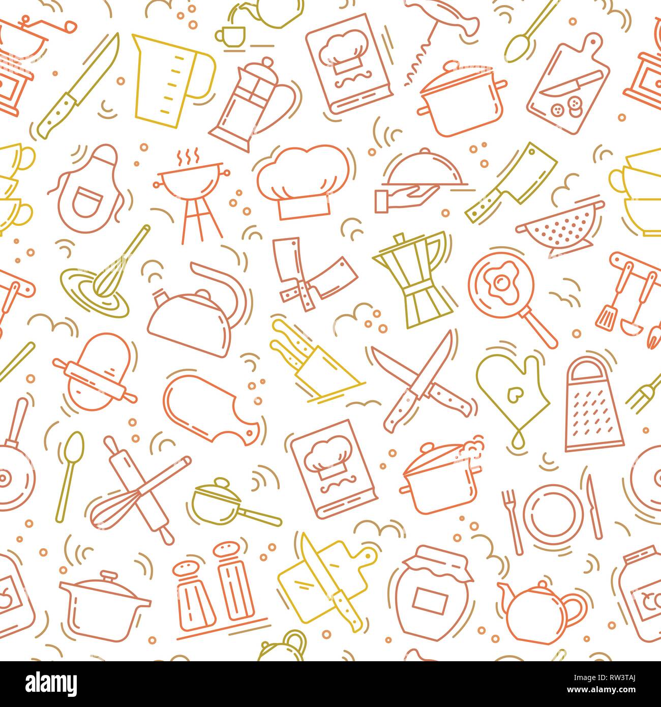 Sans l'aide d'un motif coloré sur le thème cuisine avec une variété d'ustensiles de cuisine. Arrière-plan de menu design, des articles de cuisine, et d'autres choses. Illustration de Vecteur