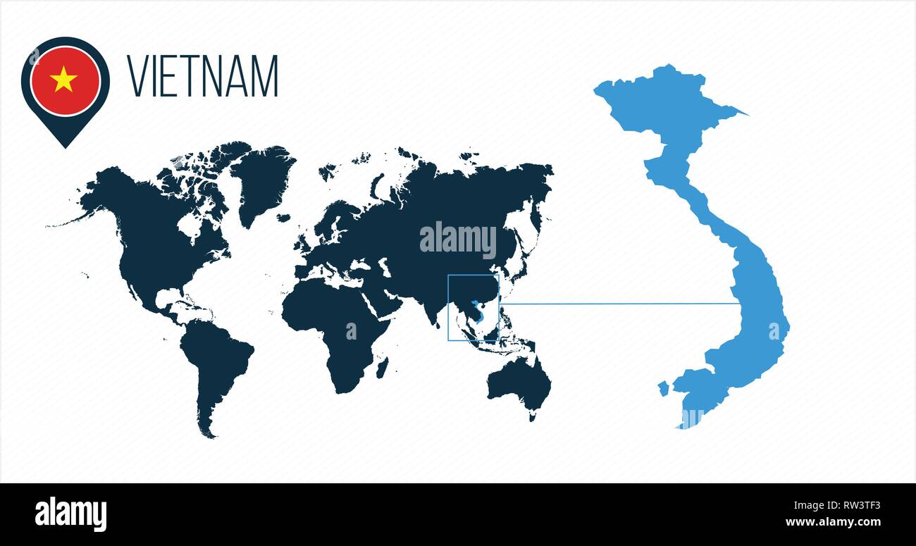 Carte du Vietnam situé sur une carte du monde avec un drapeau et pointeur de carte ou de code pin. Carte infographique. Vector illustration isolé sur blanc . Illustration de Vecteur