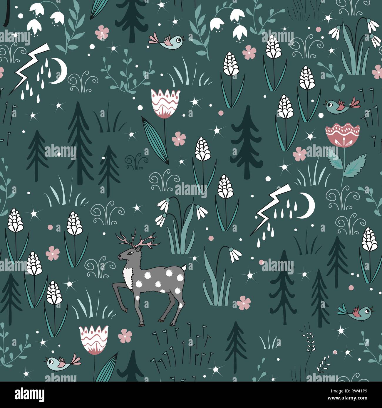 Forêt de printemps modèle transparent avec des cerfs, des oiseaux, des fleurs, et des arbres. Vecteur de fond bois doux printemps Illustration de Vecteur