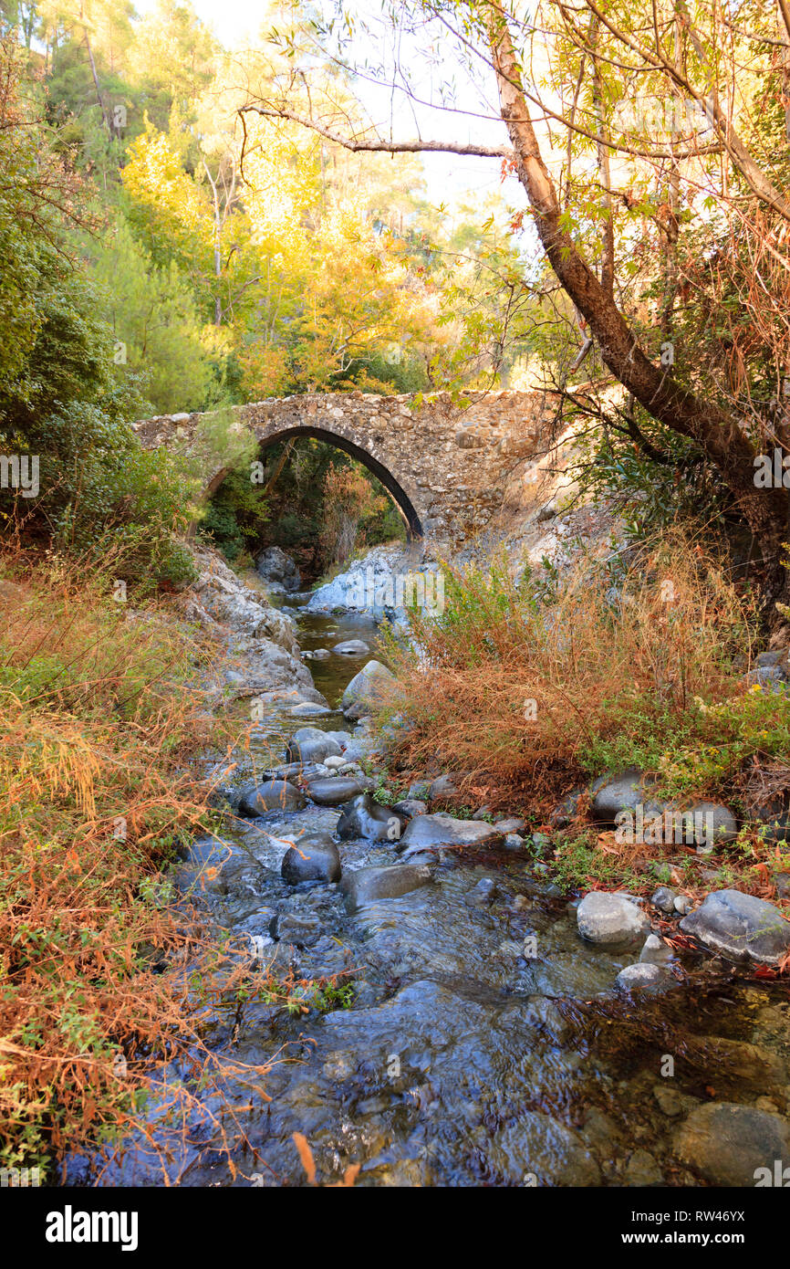 Gefiri Treis Elies pack horse Venise pont sur une rivière dans les montagnes Troodos, Chypre 2010 Banque D'Images