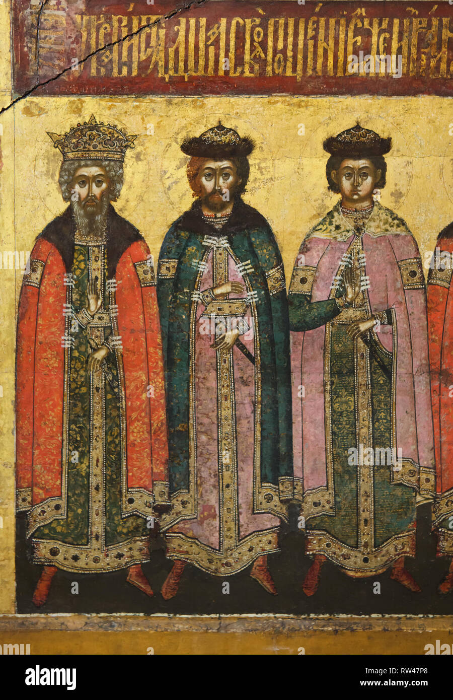 Saint Vladimir le Grand, avec les Saints Boris et Gleb (de gauche à droite) décrit dans le détail de l'icône russe de l'icône de l'école de peinture de Iaroslavl, datant du 1640s à partir de la cathédrale de la Dormition à Yaroslavl, maintenant exposée dans le musée de Yaroslavl Yaroslavl, préserver dans la Russie. Banque D'Images