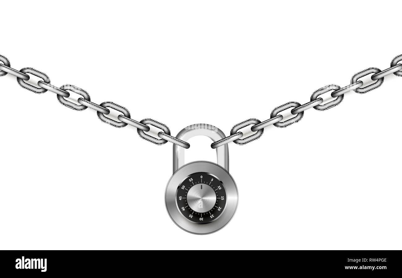 Les chaînes en métal argent brillant avec cadenas code ronde blanche sur  arrière-plan large Image Vectorielle Stock - Alamy