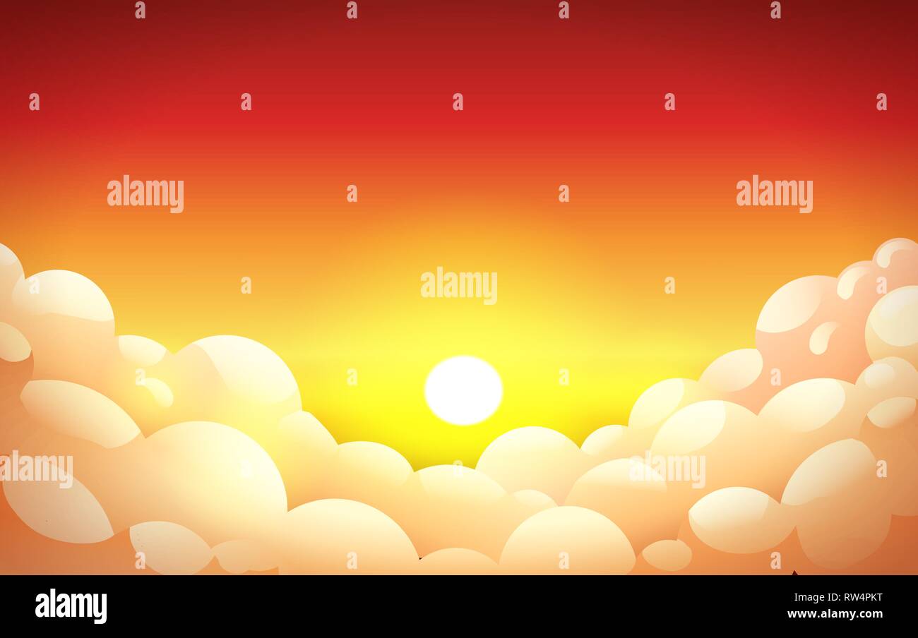 Ciel coucher de soleil rouge en jaune-orange avec fluffy clouds Illustration de Vecteur