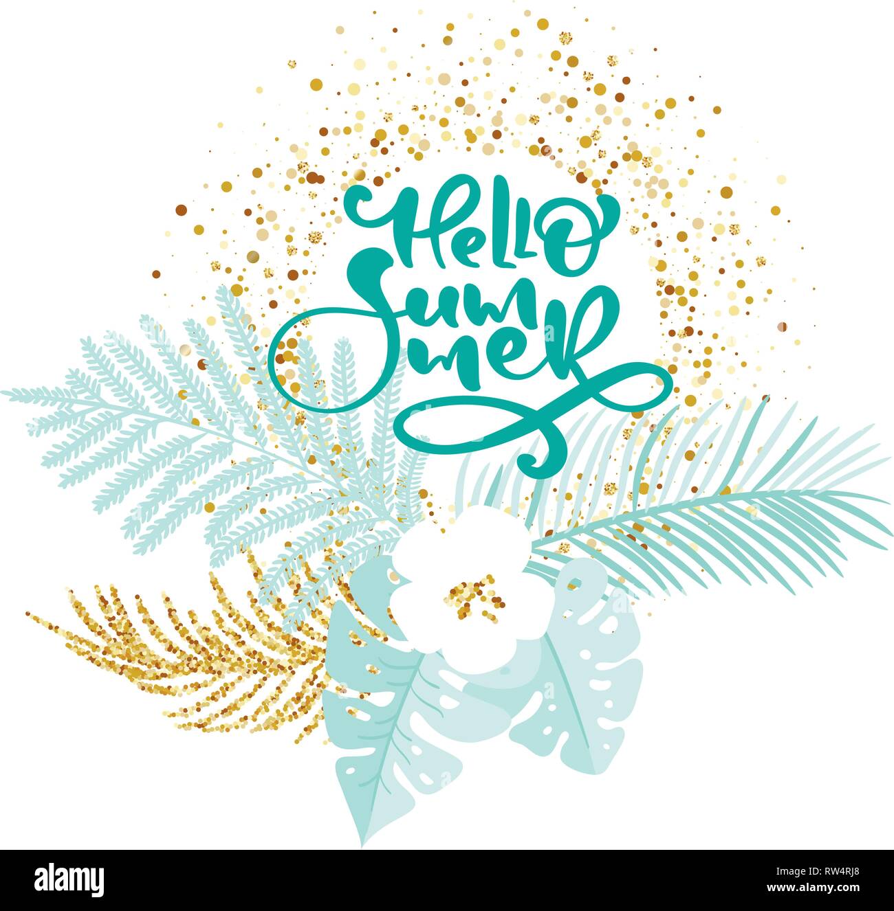 Calligraphie composition florale scandinave lettrage texte Bonjour l'été. Vector Hand Drawn isolé floral frame gold palm. illustration croquis doodle Illustration de Vecteur