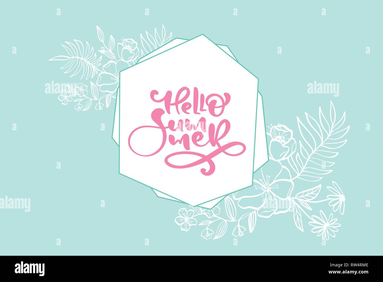 Lettrage calligraphie scandinaves texte floral Hello Summer carte de vœux. Vector Hand Drawn géométrique floral frame isolé sur fond bleu turquoise Illustration de Vecteur