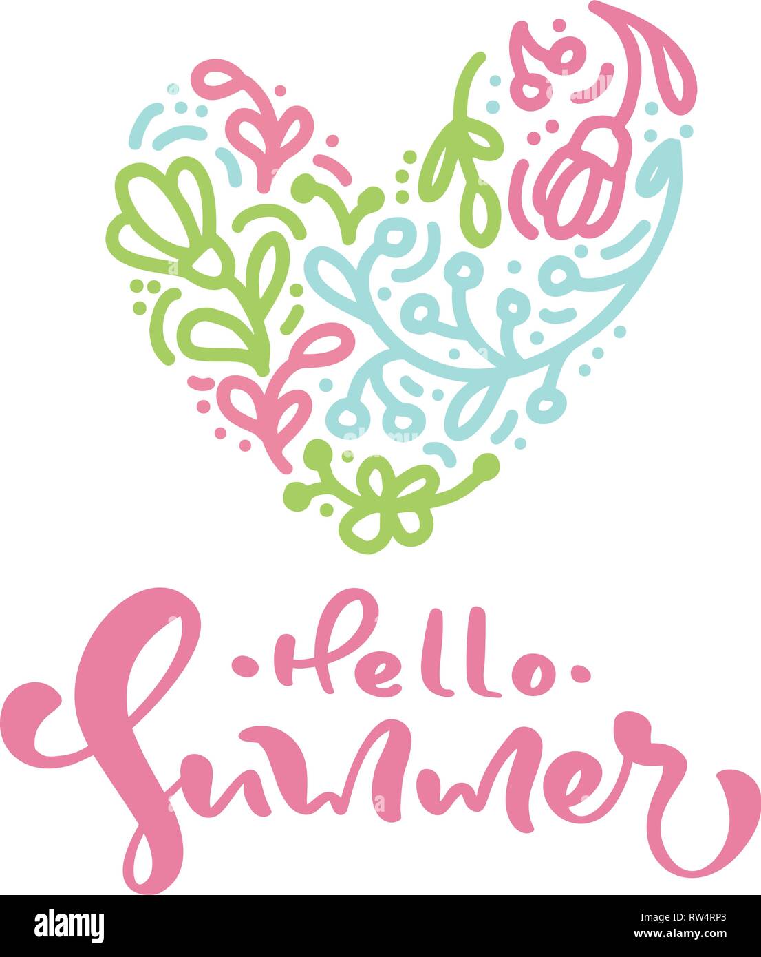 Texte lettrage calligraphie scandinave Hello Summer avec coeur floral. Vector Hand Drawn illustration composition isolé. croquis design doodle pour Illustration de Vecteur