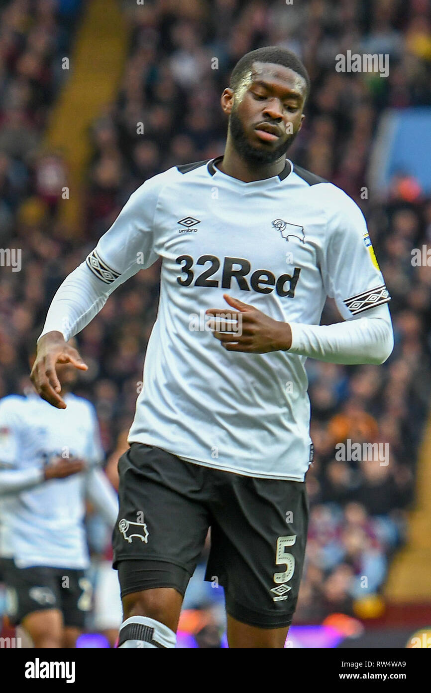 2 mars 2019, la Villa du Parc, Birmingham, Angleterre ; Sky Bet Championnat, Aston Villa vs Derby County : Fikayo Tomori (05) de Derby County Credit : Gareth Dalley/News Images images Ligue de football anglais sont soumis à licence DataCo Banque D'Images