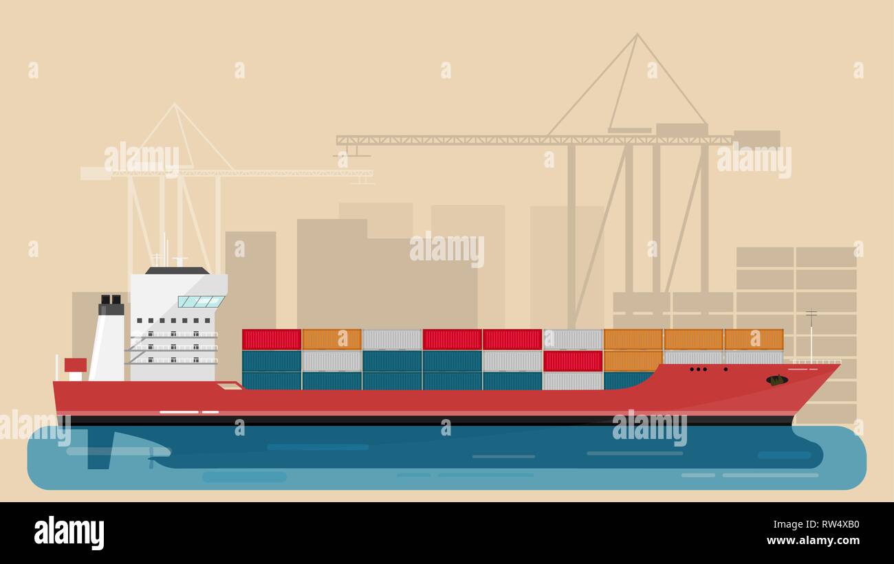 Port de mer de la cargaison des navires de fret de marchandises et les grues du port et des éléments de la ville. Vector Illustration. Illustration de Vecteur