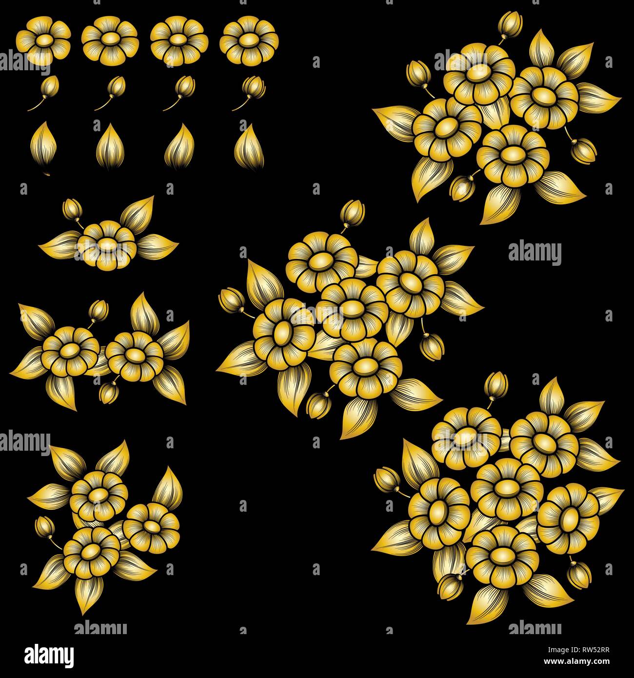 Bouquets de fleurs d'or et de fleurs isolé sur fond noir Illustration de Vecteur