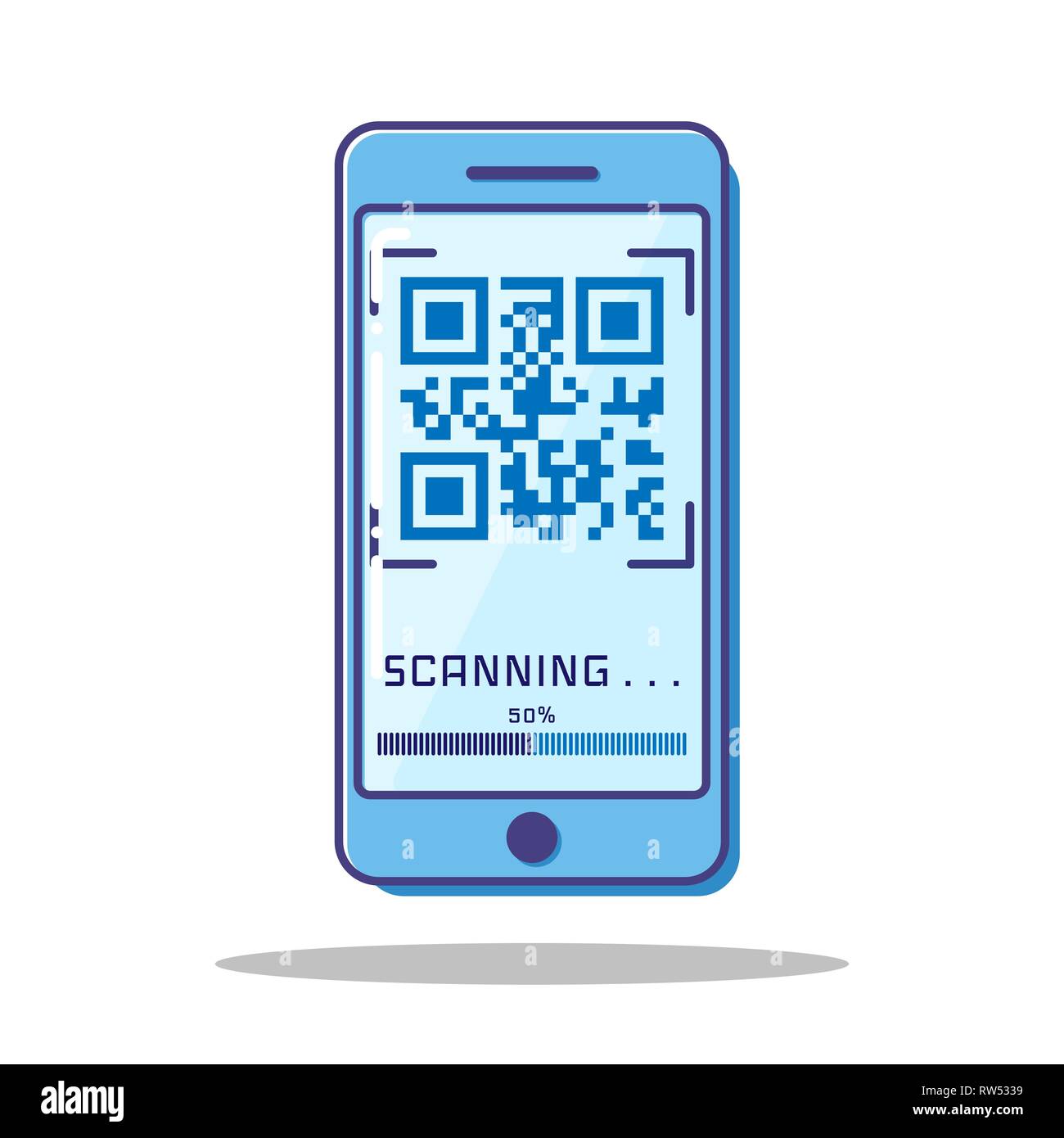 Numérisation à plat bleu code QR avec un téléphone mobile. Illustration de Vecteur