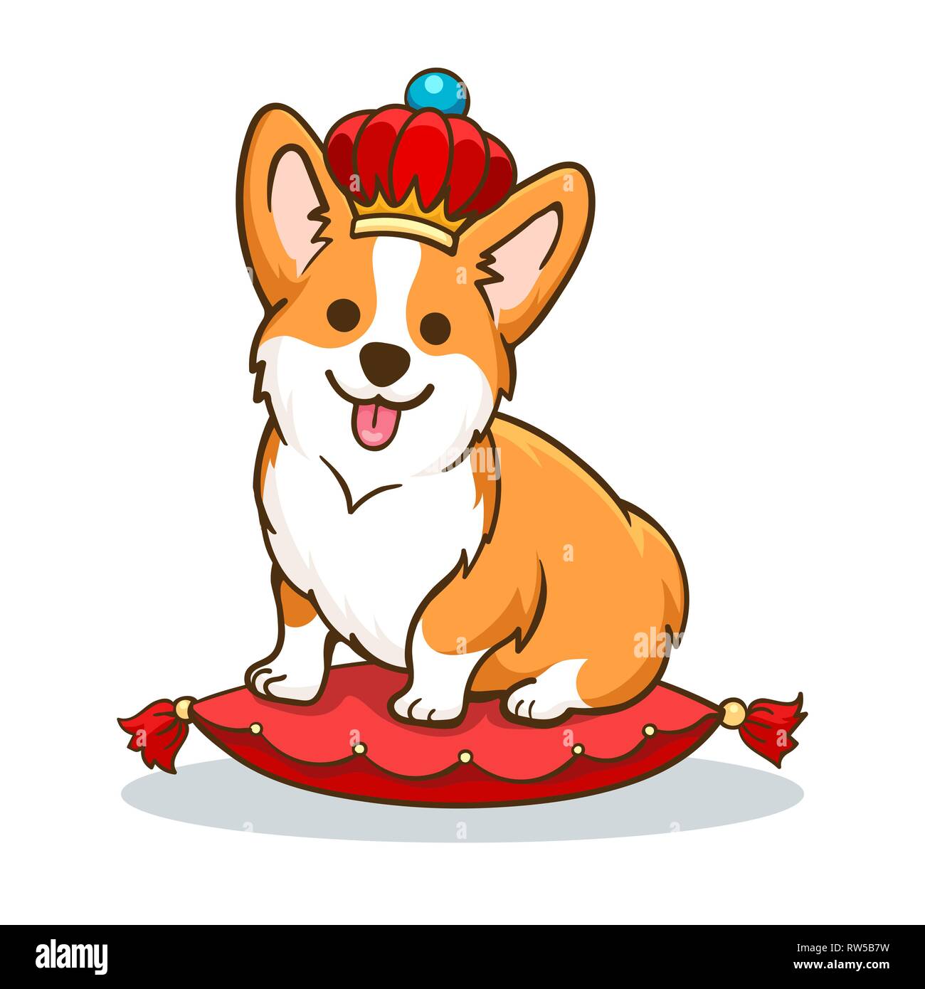 Corgi chien avec couronne. La princesse britannique dog, scénario drôle anglais reine design animal, Welsh Corgi avec corona et oreiller rouge Illustration de Vecteur