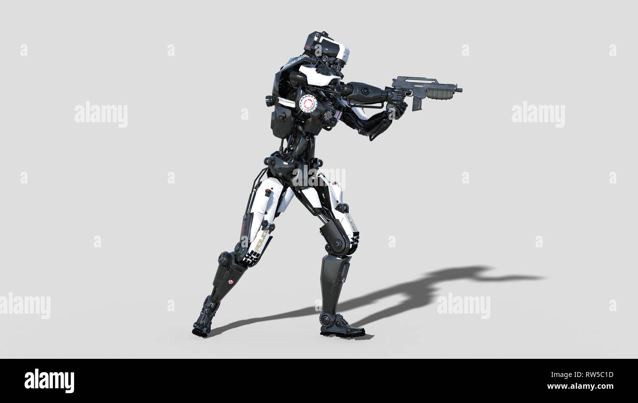 Robot de la police, de l'application android, cyborg cop fusil de chasse sur fond blanc, side view, 3D Rendering Banque D'Images