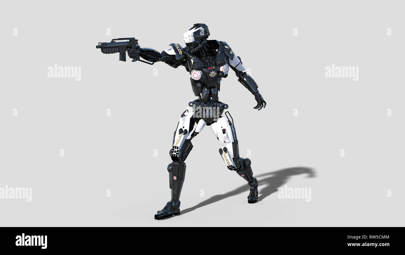 Robot de la police, de l'application android, cyborg cop visant des armes à feu et de prise de vue sur fond blanc, 3D Rendering Banque D'Images