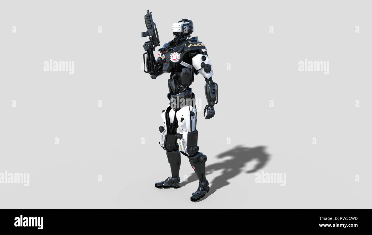 Robot de la police, de l'application android, cyborg cop armés de fusil  isolé sur fond blanc, 3D Rendering Photo Stock - Alamy