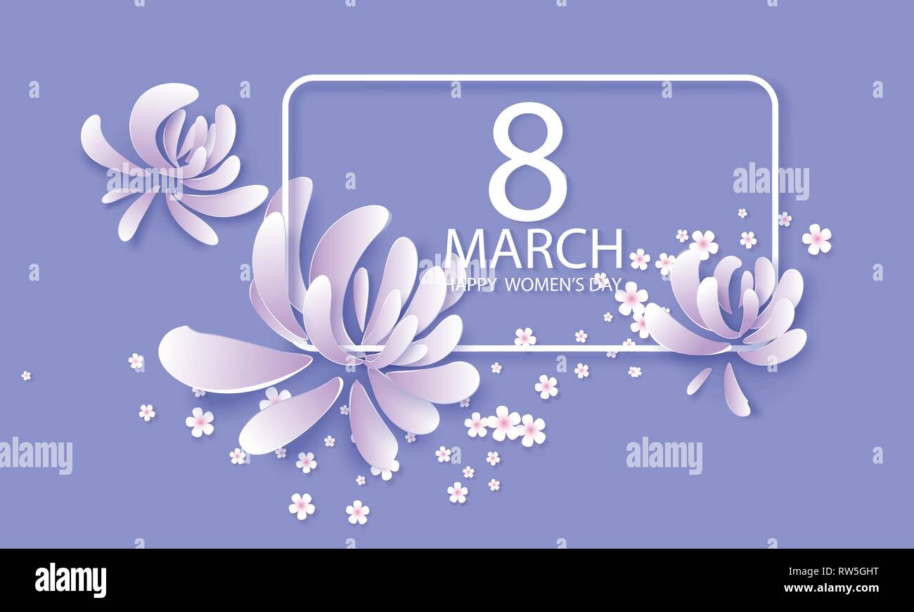 8 mars Journée des femmes heureux carte. Bannière fleurs mauve en couleurs avec des grosses lettres. Vector illustration 3d design coupe style. Illustration de Vecteur