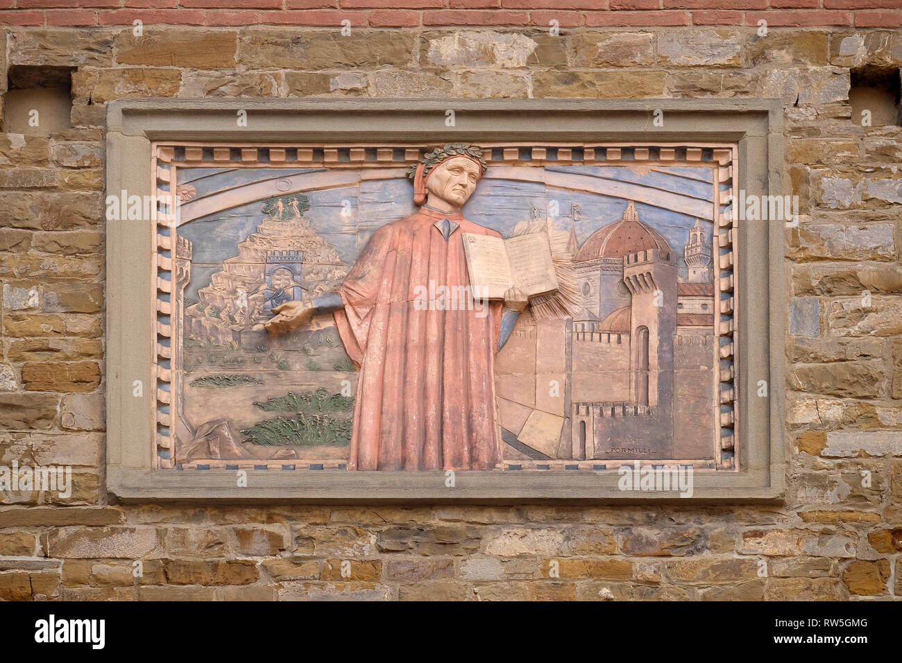 Dante Alighieri est représenté dans de nombreuses planches dans les rues de Florence, la Societa Dante Alighieri Cultural Society Building, Toscane, Italie Banque D'Images