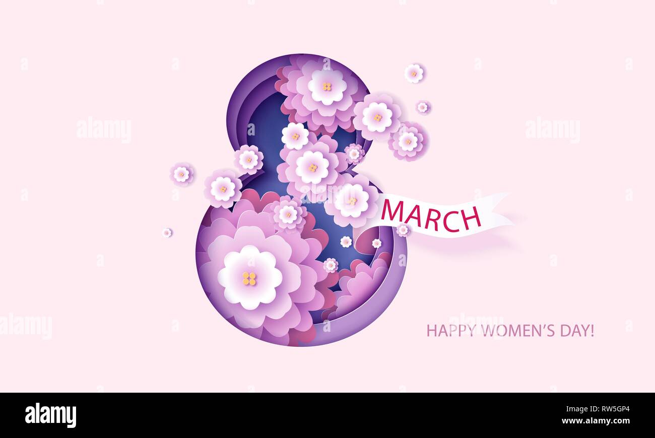 8 mars Journée des femmes heureux carte. Bannière fleurs mauve en couleurs avec des grosses lettres. Vector illustration 3d design coupe style. Illustration de Vecteur