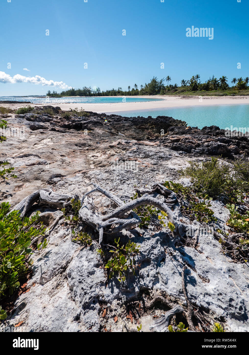 Coral Island avec vue sur la plage des anses double, Governor's Harbour, Île Eleuthera, Bahamas, dans les Caraïbes. Banque D'Images