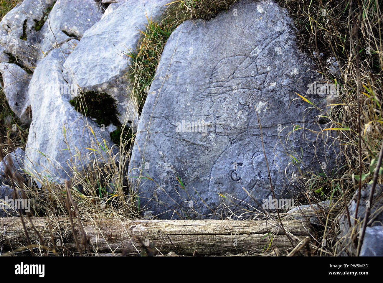 La première guerre mondiale, les Alpes Carniques, Mont Freikofel. Elle a été le théâtre de batailles sanglantes entre soldats austro-hongrois et italiens pendant la PREMIÈRE GUERRE MONDIALE. graffitis réalisés par les troupes alpines italiennes. Banque D'Images