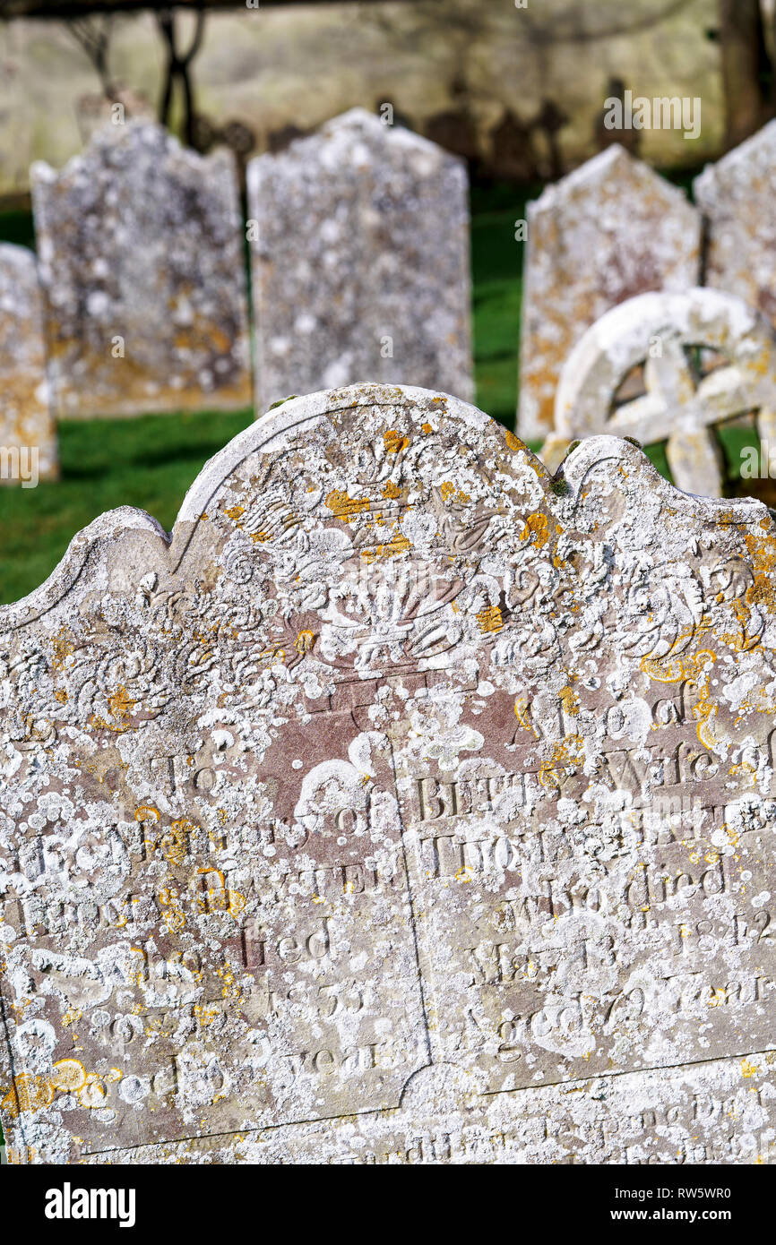 Close up l'article de pierre tombale avec l'inscription et de lichen et des pierres tombales de derrière Banque D'Images