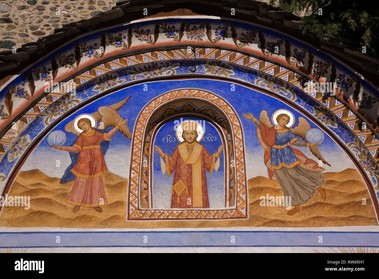 Fresques religieuses sur l'extérieur de l'église de la nativité au Monastère de Rila, le Rila, Bulgarie, Europe de l'Est Banque D'Images