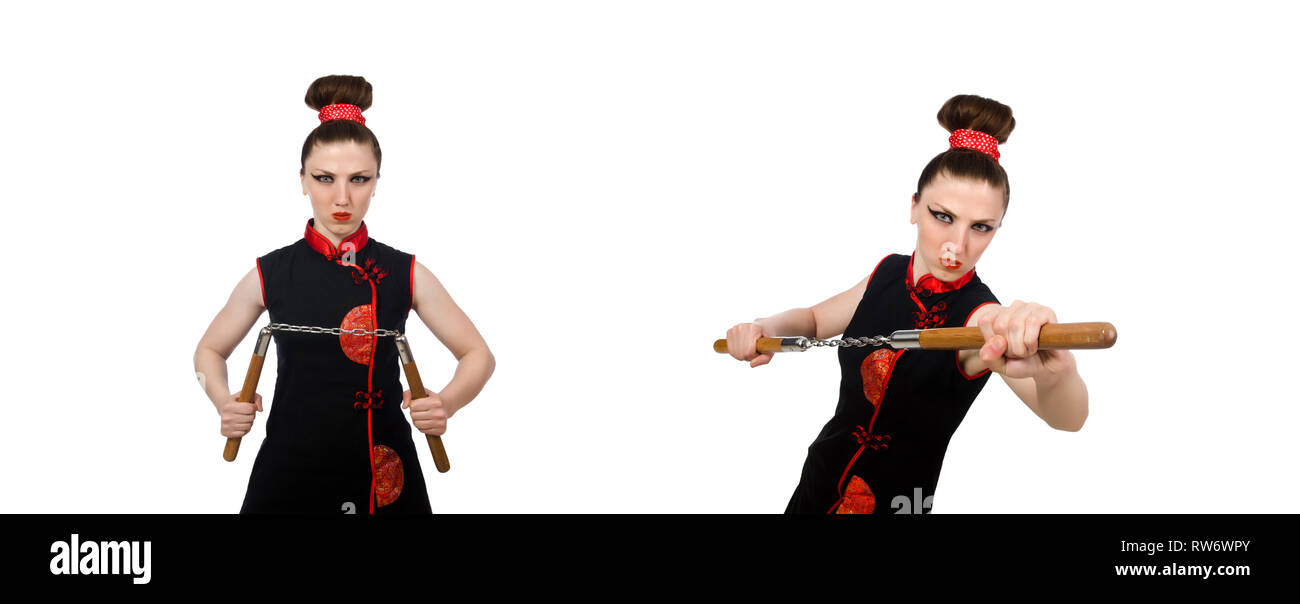 Femme drôle avec nunchucks isolated on white Banque D'Images