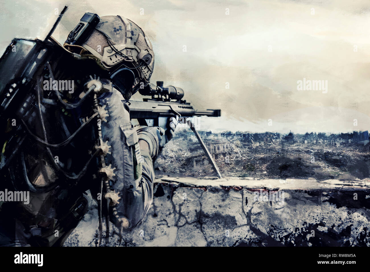 Mécanique futuriste sniper dans une ville détruite. Banque D'Images