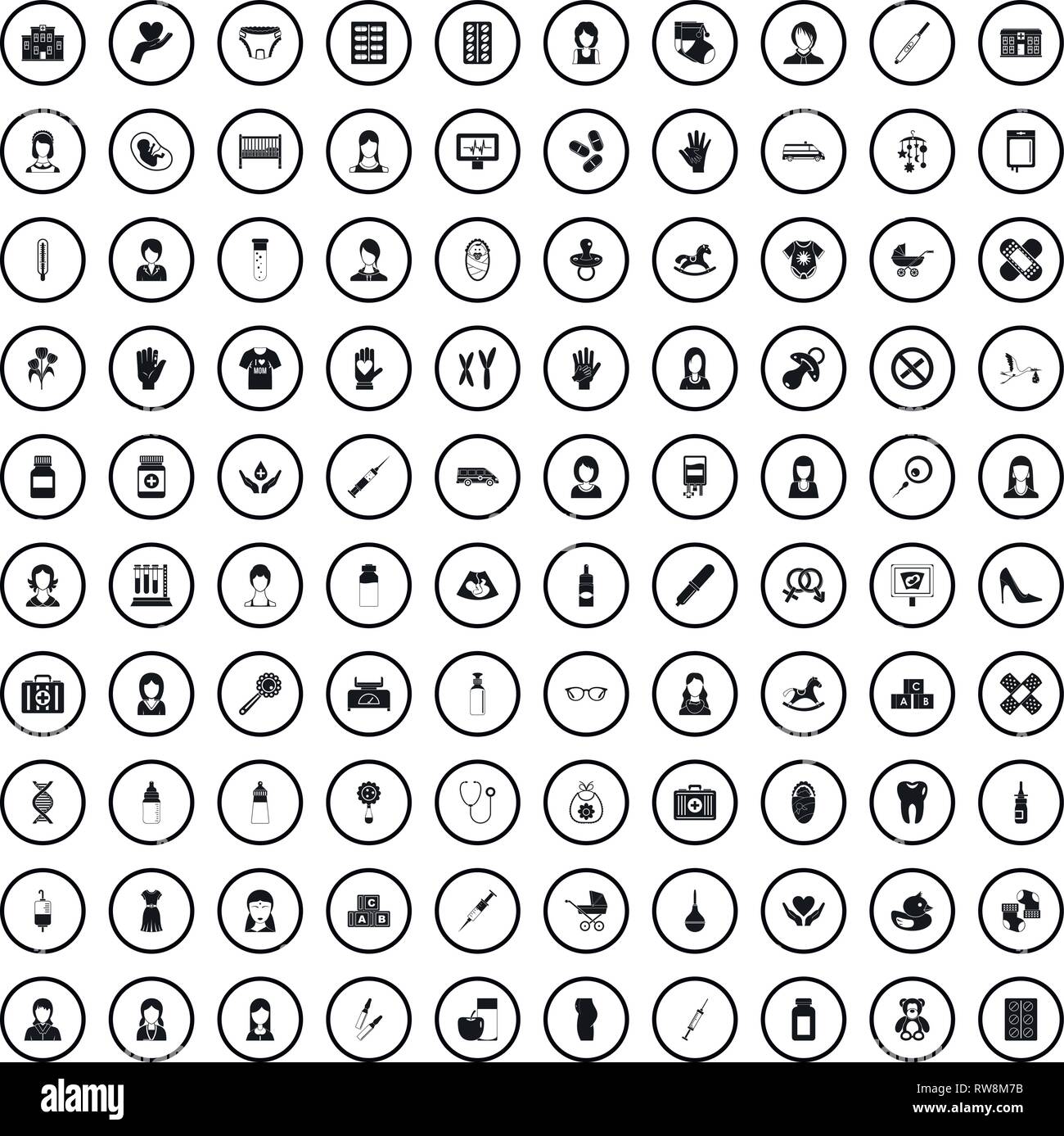 Sage-femme 100 icons set, le style simple Illustration de Vecteur