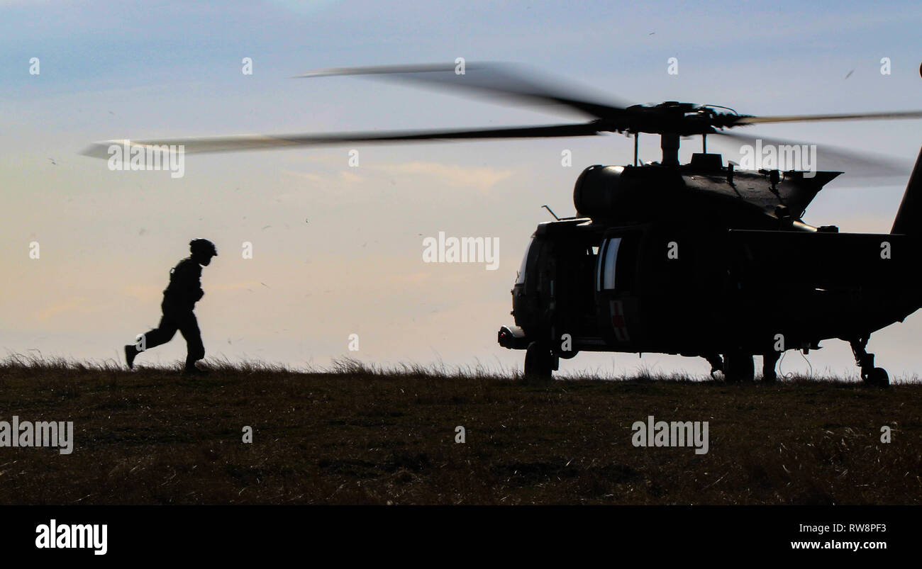 Un soldat de l'armée américaine avec 3e Bataillon d'hélicoptères d'assaut, 1er Régiment d'aviation de l'aviation de combat, 1ère Brigade, 1re Division d'infanterie, s'exécute à son hélicoptère pendant un assaut aérien combiné à l'exercice d'entraînement de Babadag, en Roumanie, le 28 février 2019. 3-1 AHB a récemment commencé une rotation en Roumanie à l'appui, l'Atlantique de l'OTAN commune engagement de construire et d'améliorer l'état de préparation le lien entre ally et les pays partenaires à travers un entraînement multinational. (U.S. Photo de l'armée par la CPS. William Dickinson) Banque D'Images