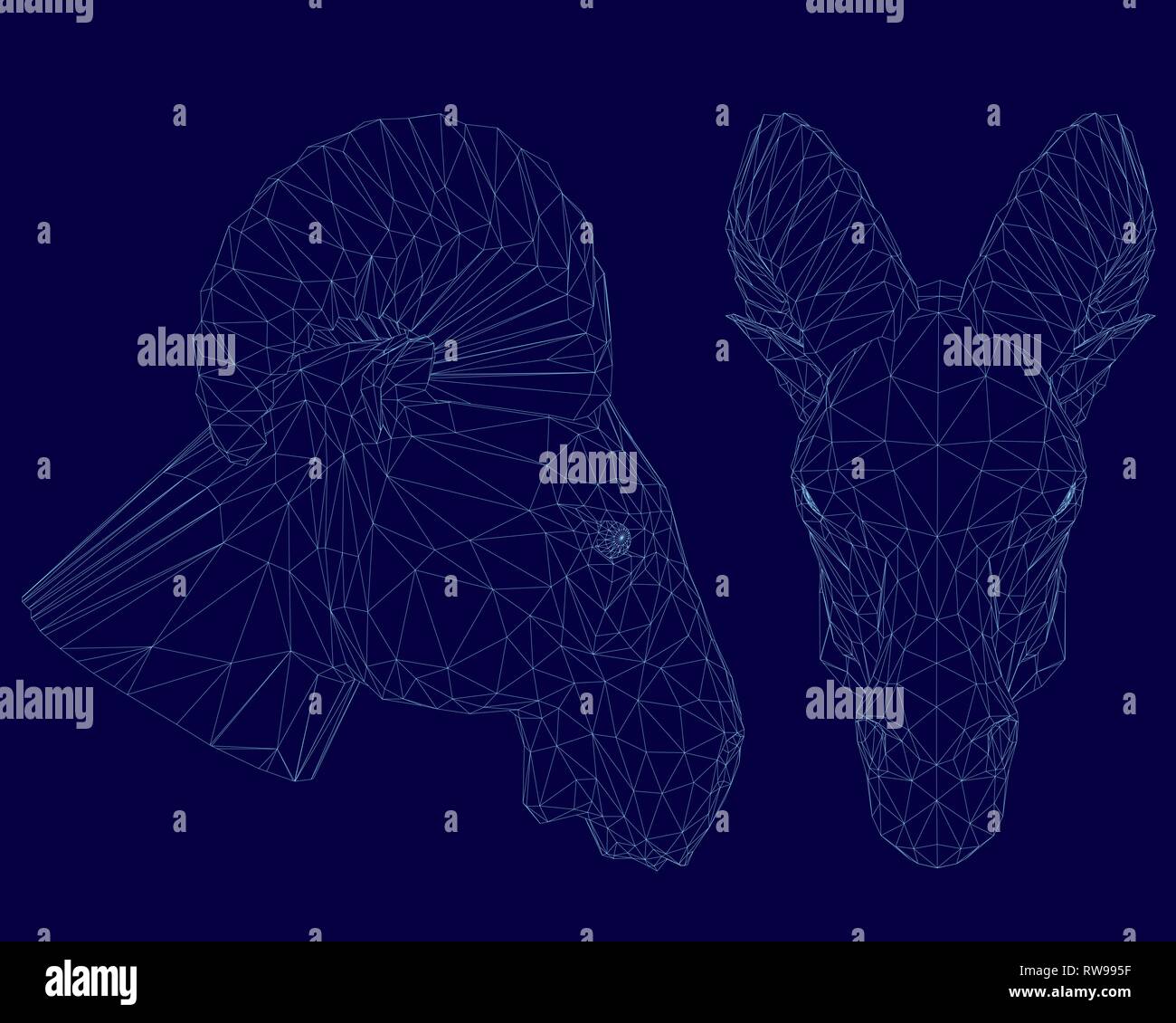 Deux ram head wireframe. Vues avant et latérale. Ram Head polygonale de lignes bleues sur un fond sombre. 3D. Vector illustration Illustration de Vecteur