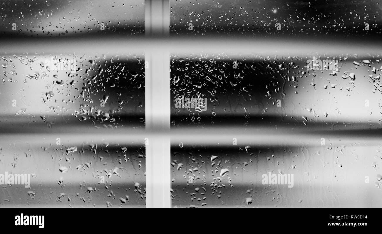 Gouttes de pluie sur une fenêtre par un trouble de la maison volets roulants, faible profondeur de champ prises à f1.2 Banque D'Images