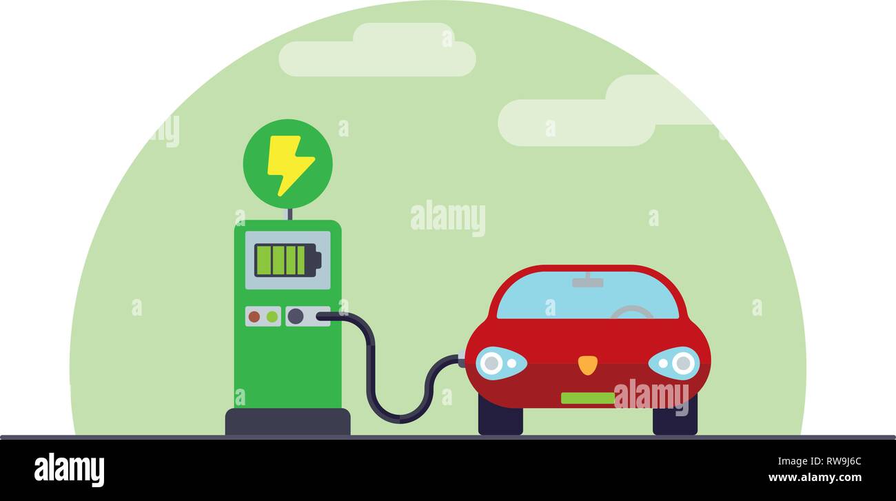 Concept l'électromobilité. Station de charge de voiture électrique au design plat vector illustration Illustration de Vecteur