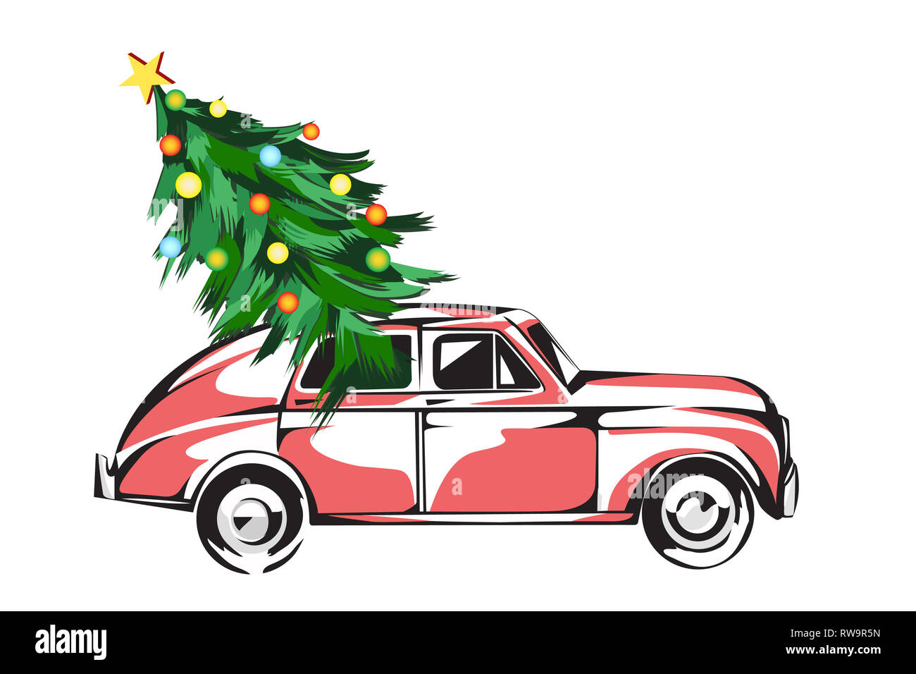 Voiture rétro chargé avec Christmas Tree Isolated On White Banque D'Images