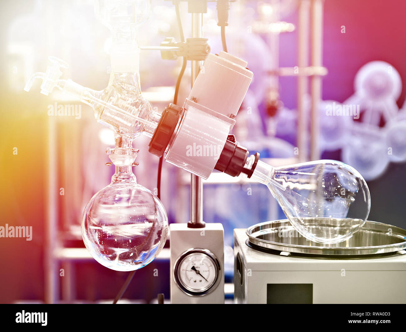 Évaporateur rotatif de laboratoire avec une fiole de chimie Banque D'Images