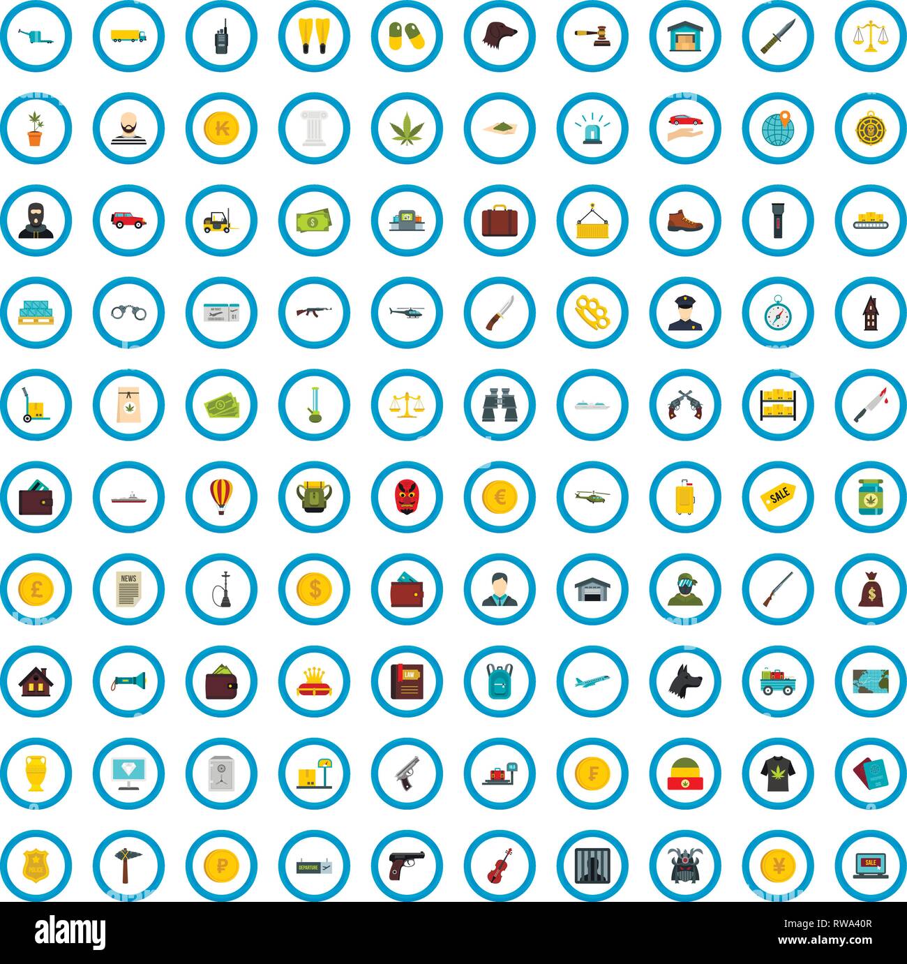 100 icônes de contrebande, style plat Illustration de Vecteur