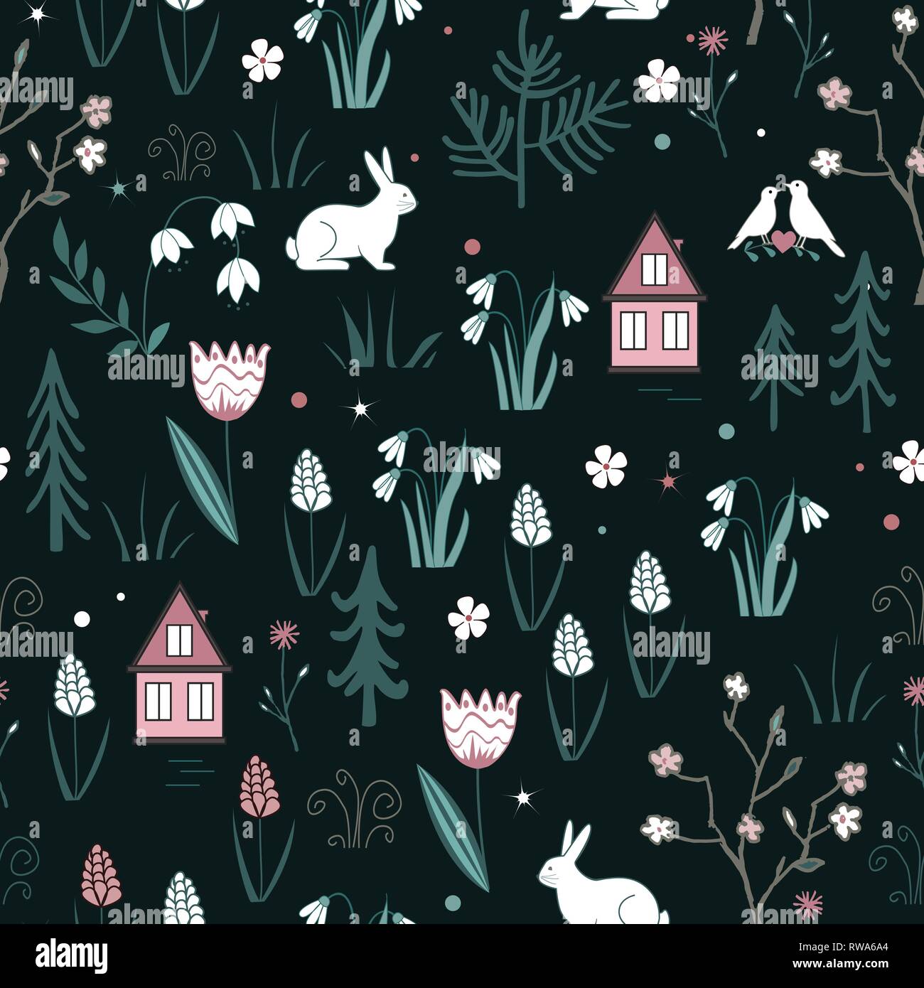 Forêt de printemps modèle transparent avec des lapins, des oiseaux, des fleurs, des maisons et des arbres. Vecteur de fond bois doux printemps. Illustration de Vecteur