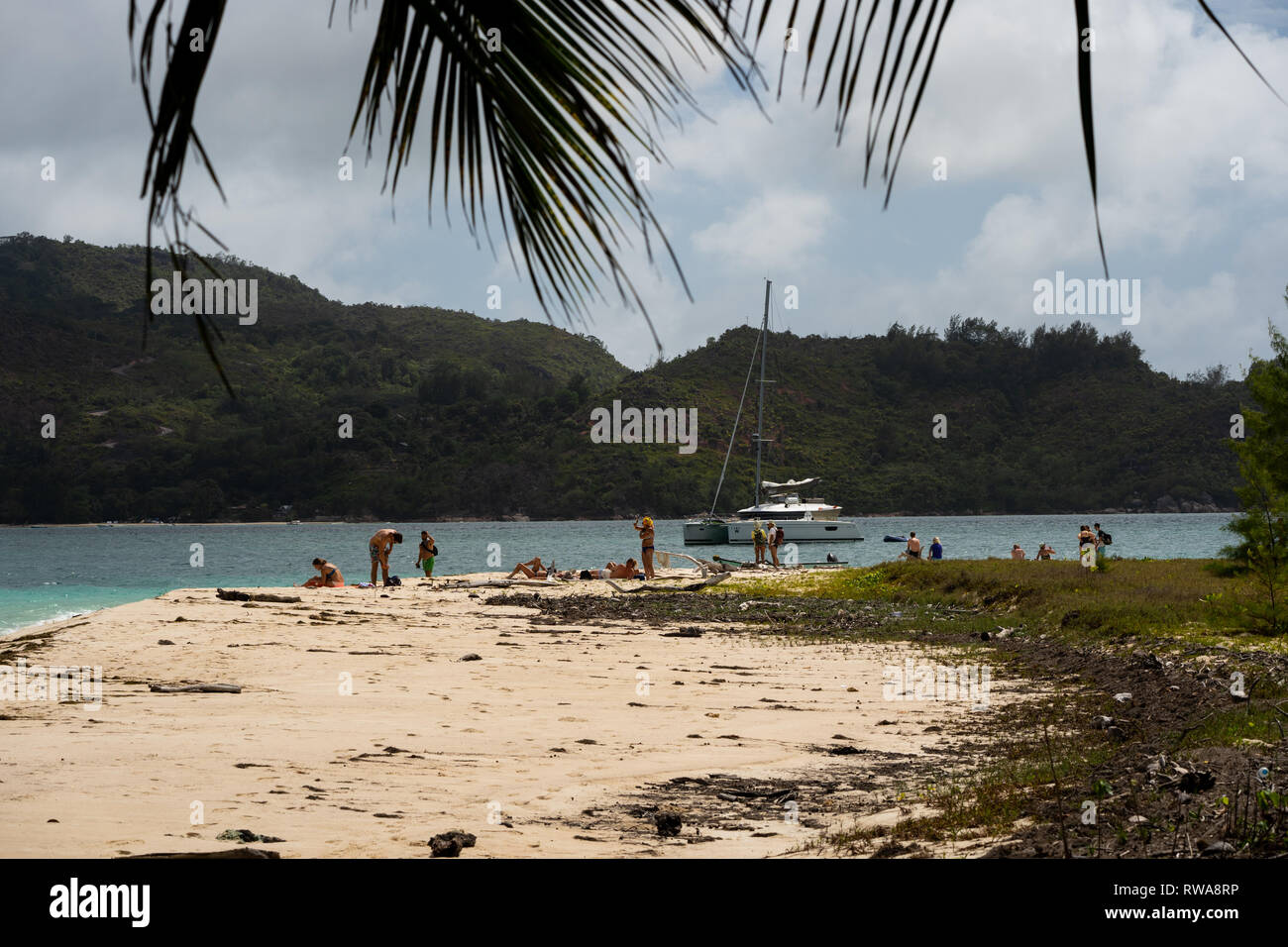 Vue de l'île moyenne de parc national marin Sainte Anne, sur l'île de Mahé, Seychelles Banque D'Images