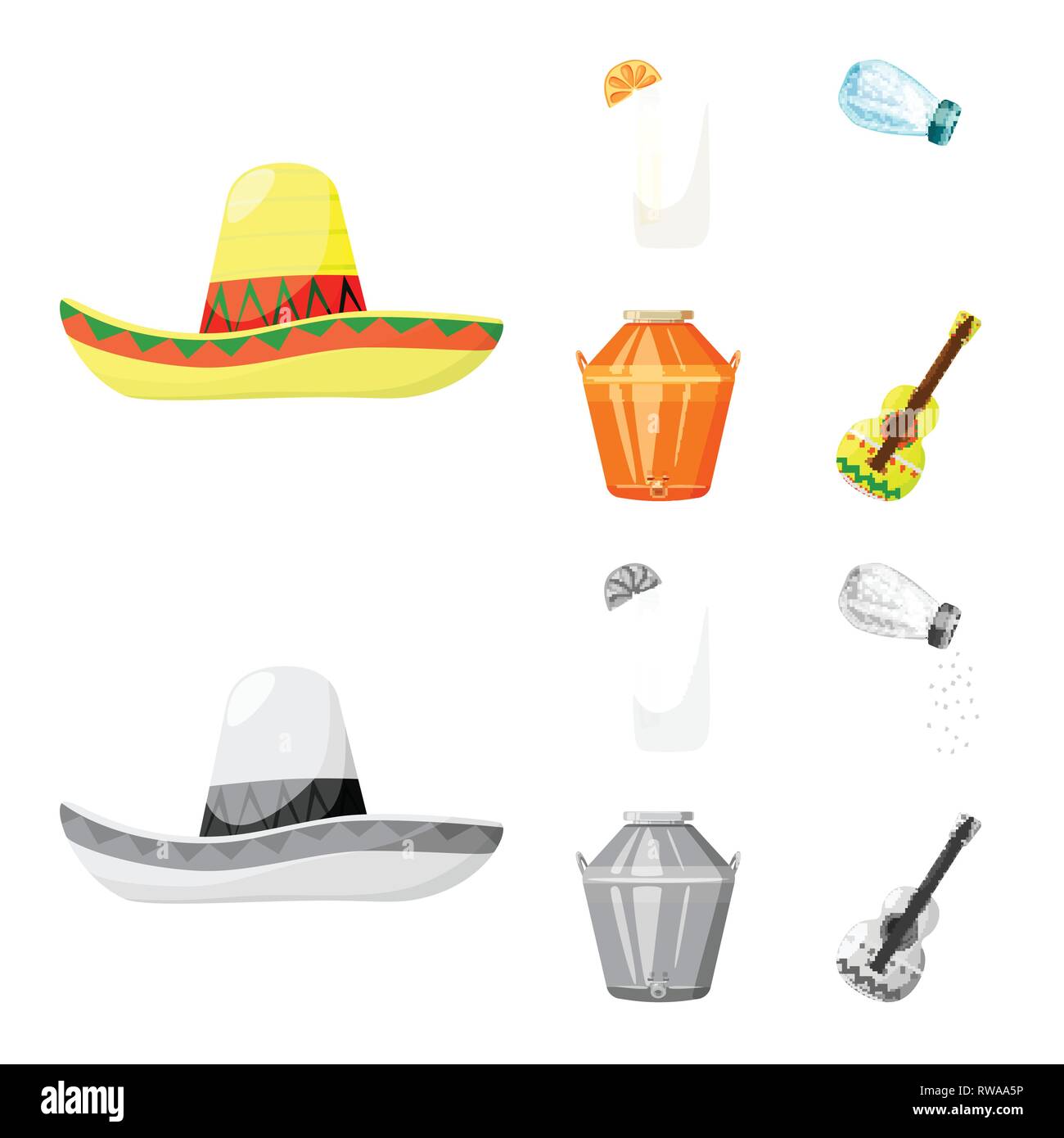 Sombrero,bouteille,cocktail,guitare,distillerie mexicaine,verre,sel,processus,ornement,espagnol,vodka,alcool,, chapeau,citron,industrie,pack costume,folk,tilleul,eau,transparent,travel,liquor,fort,sucre,vacances,moonshine,cafe,Latin,carnaval,national,Mexique,tequila,fajita,fiesta,party,fête,set,icône,,illustration,collection,isolé,design,graphisme,élément vecteur vecteurs,signer , Illustration de Vecteur