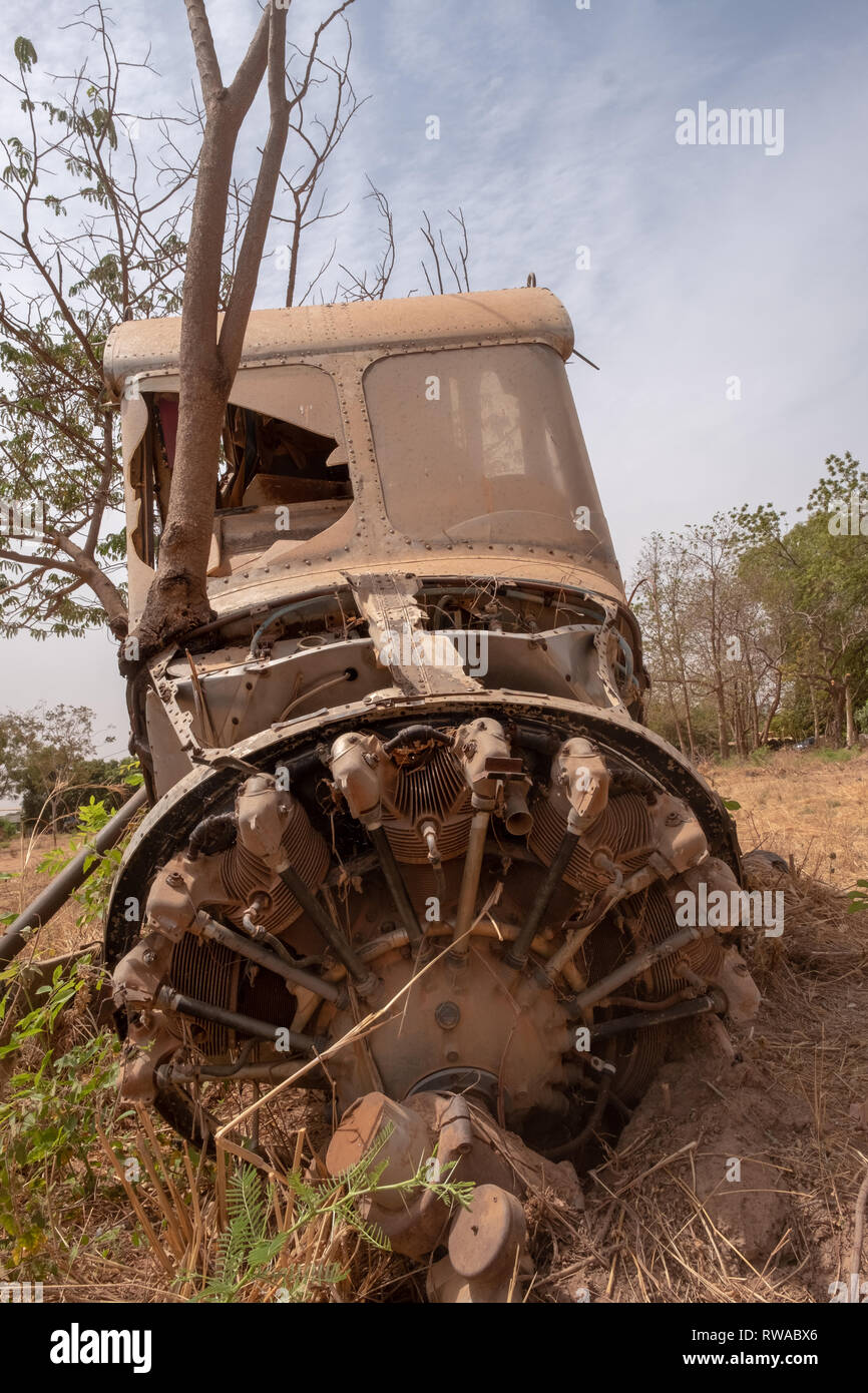 L'aviation en Afrique : un arbre se développe grâce à l'épave d'un vieux avions Max Holste Broussar à Ouagadougou, capitale du Burkina Faso en Afrique de l'Ouest Banque D'Images