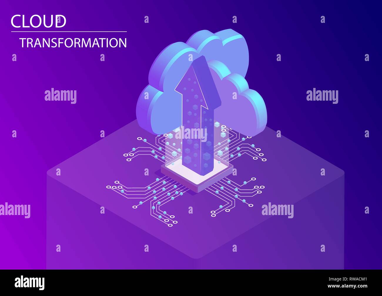 La transformation en nuage et la numérisation concept. Vector illustration 3D isométrique avec flèche flottante et symboles cloud Illustration de Vecteur