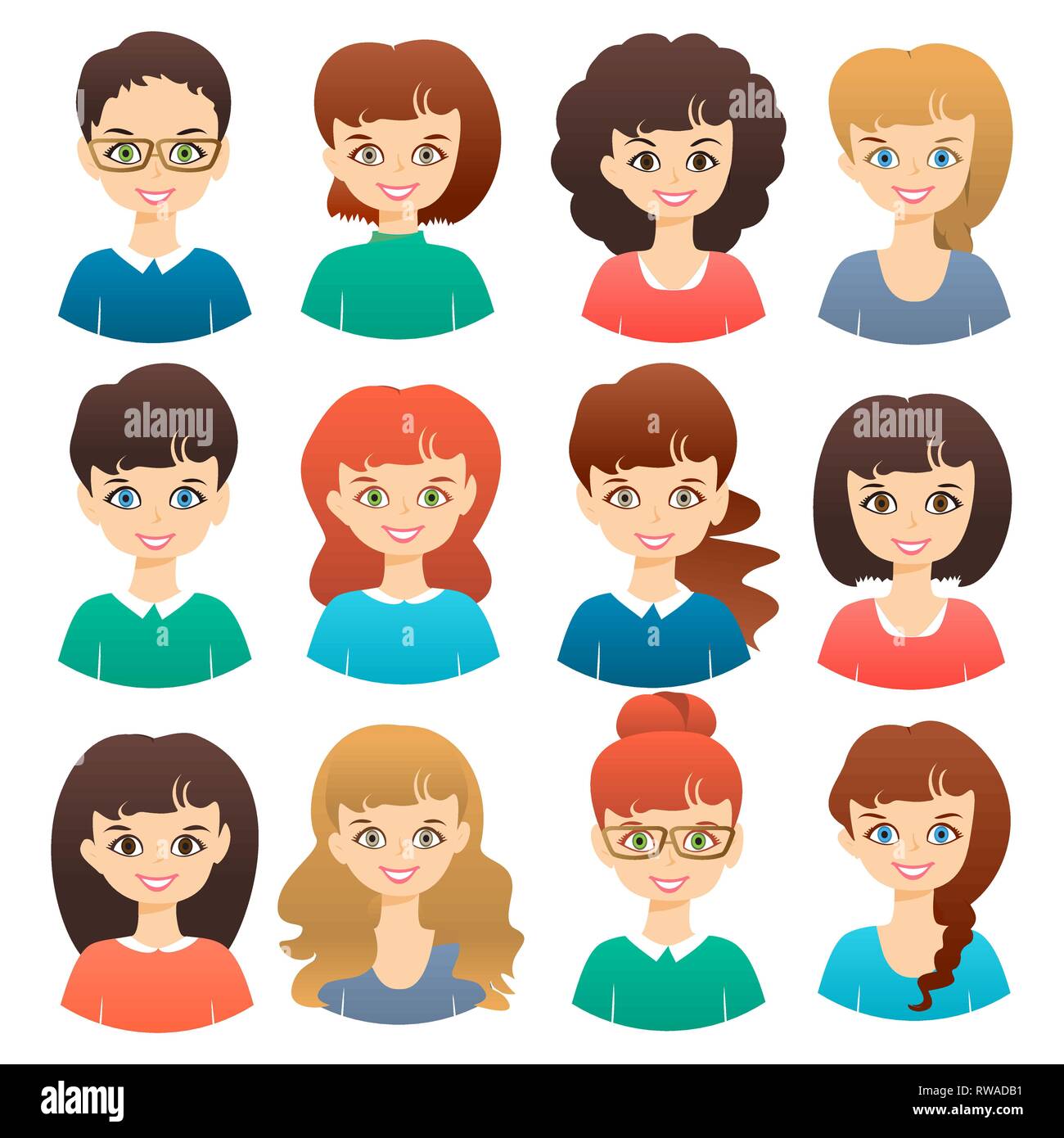 Jeu de filles mignonnes femmes avec différentes coiffures et vecteur de couleur illustration isolé. Télévision Cartoon icônes Illustration de Vecteur
