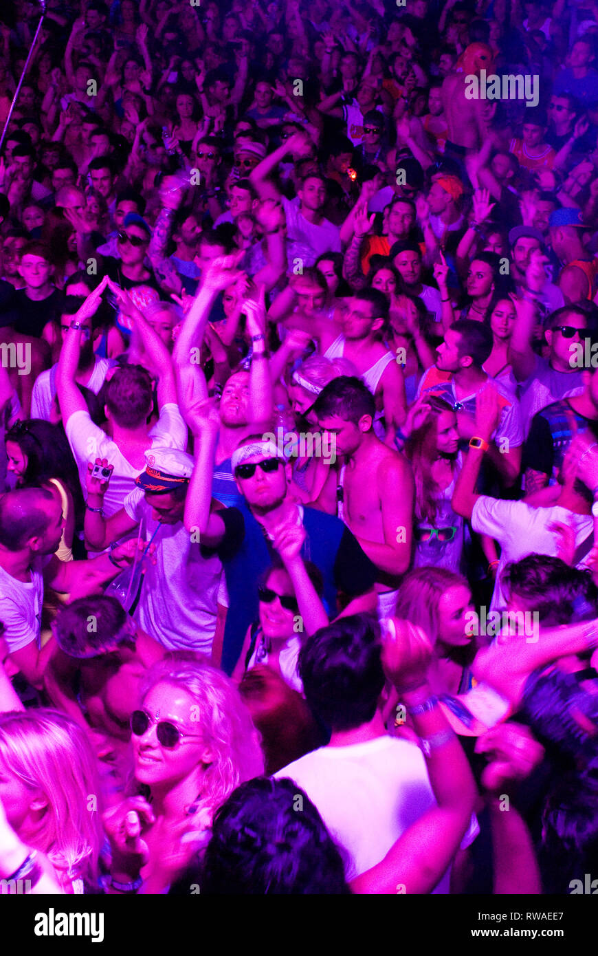 Foule de jeunes sur la piste de danse, à la musique électronique au festival Hideout la nuit, lumière pourpre, Croatie Banque D'Images