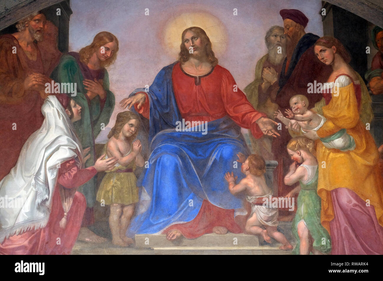Jésus bénit les enfants, lunette de fresques, Ospedale degli Innocenti - Extérieur arcade, Florence, Italie Banque D'Images